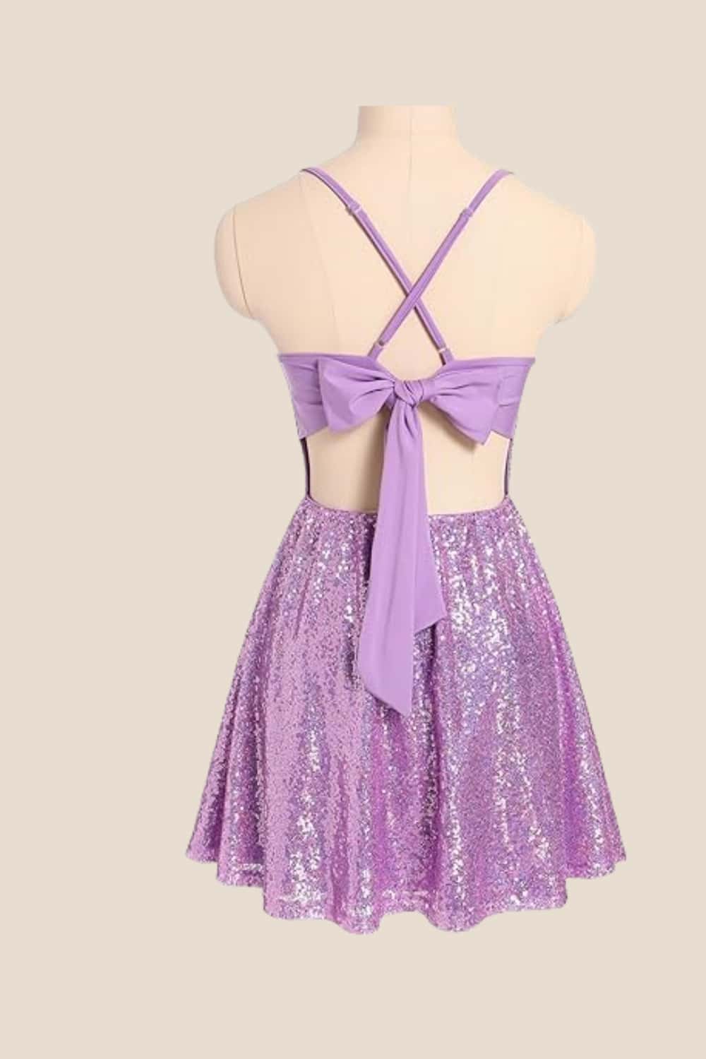Square Neck Lilac Ruched Sequin Short Dress