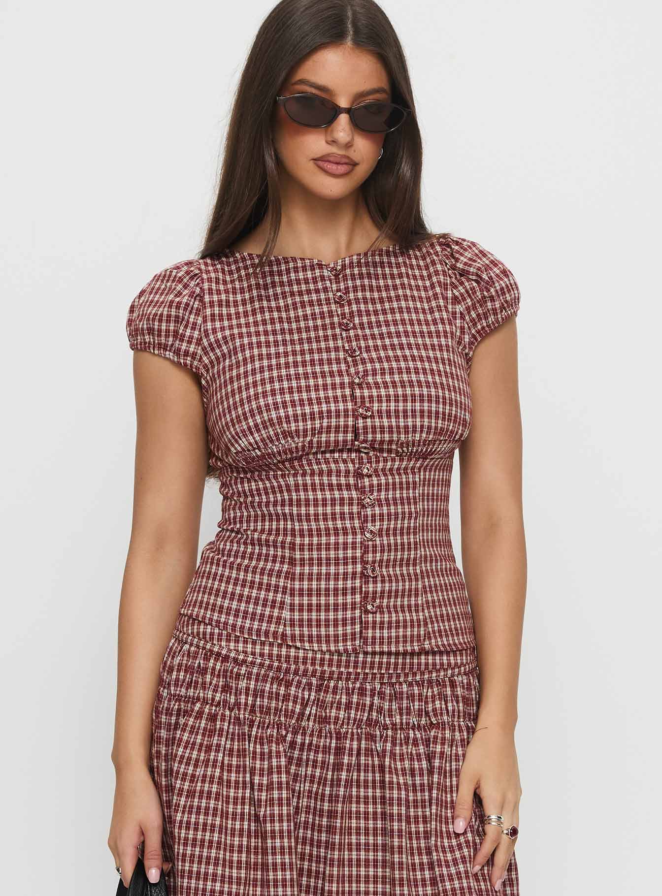 Alixandra Puff Sleeve Blouse Top Red Check