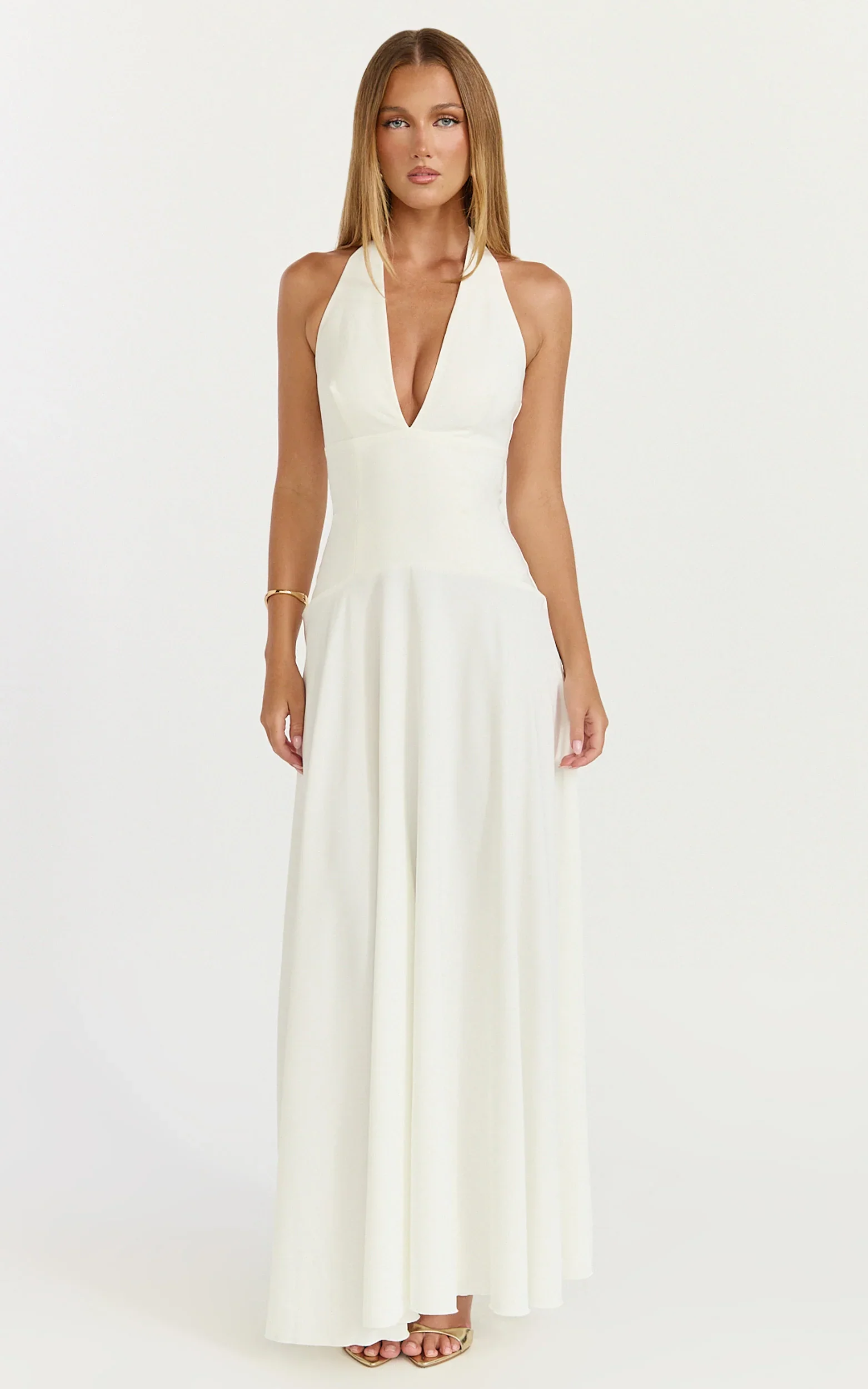 Poppy Maxi Dress - Contrast Skirt Deep Plunge Halter Dress in Off White