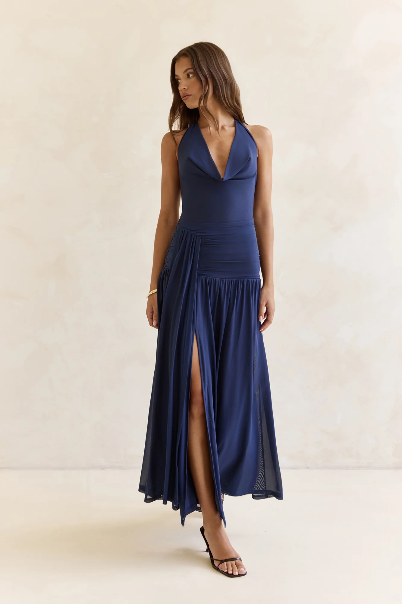 Dancing Skies Mesh Halter Maxi Dress Navy