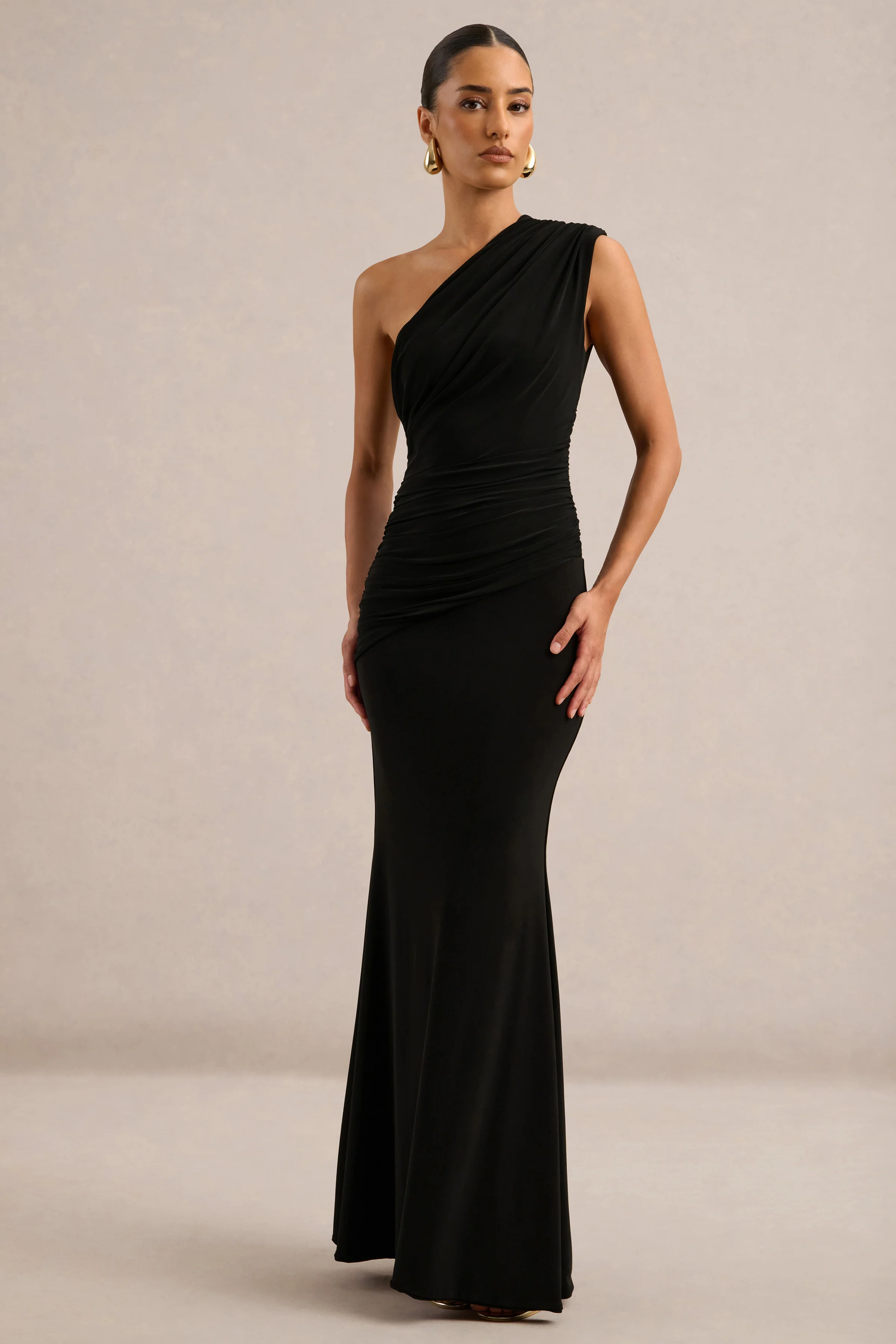 Mardi | Black Asymmetric Maxi Dress With Ruching