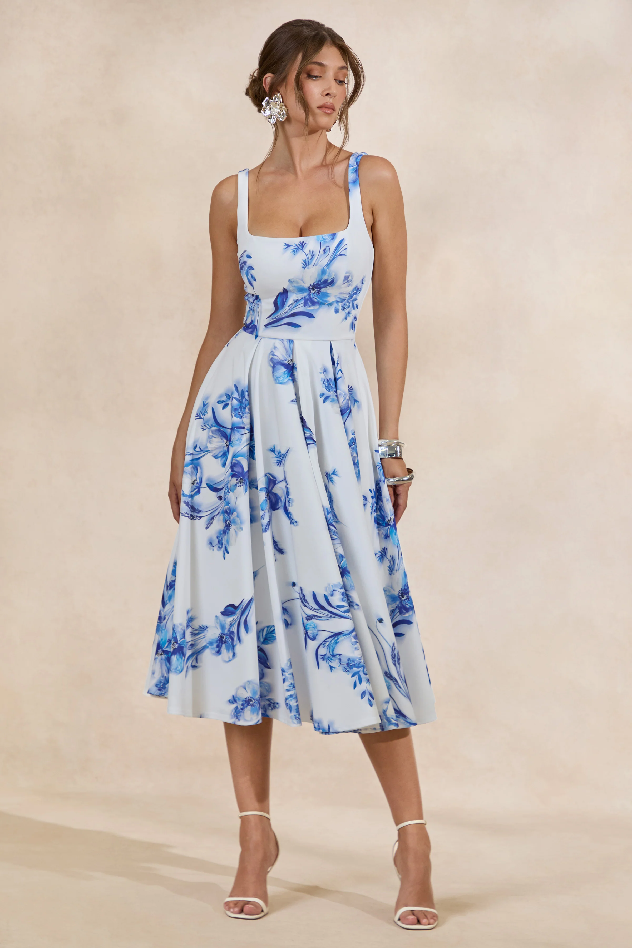 Lissa | Blue Floral Print Square-Neck Midi Dress