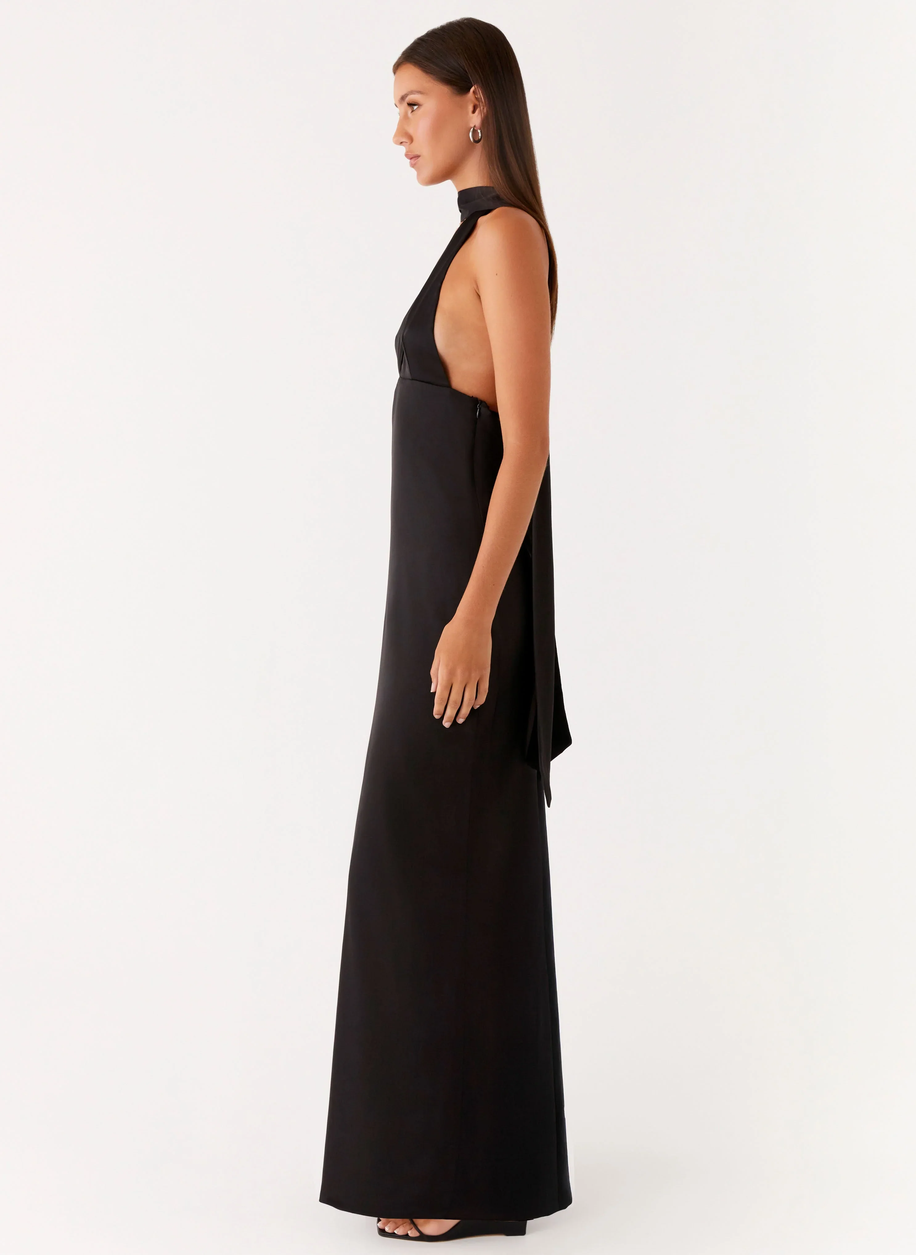 Alicia Satin Halter Maxi Dress - Black