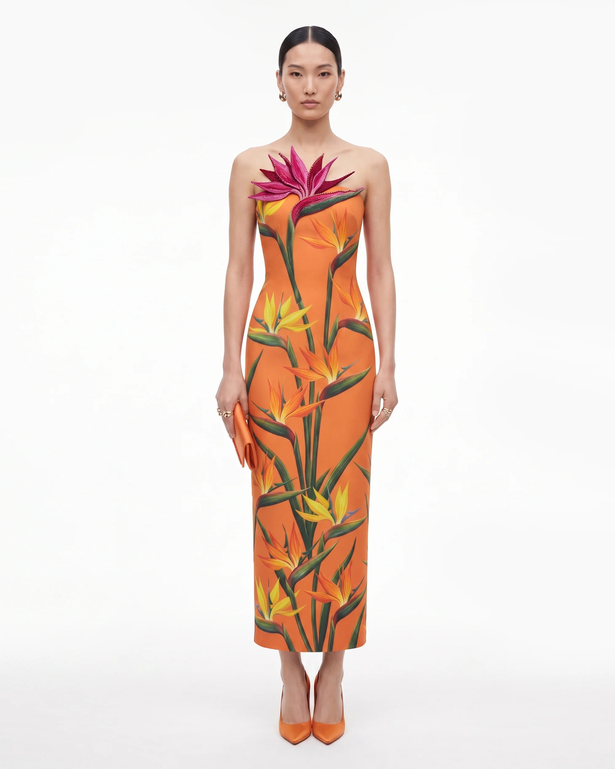 Bird of Paradise Appliqué Strapless Column Midi Dress - Orange
