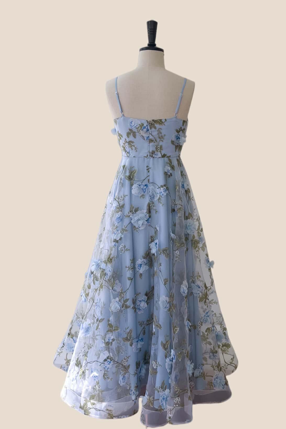 Blue 3D Floral A-line Long Dress
