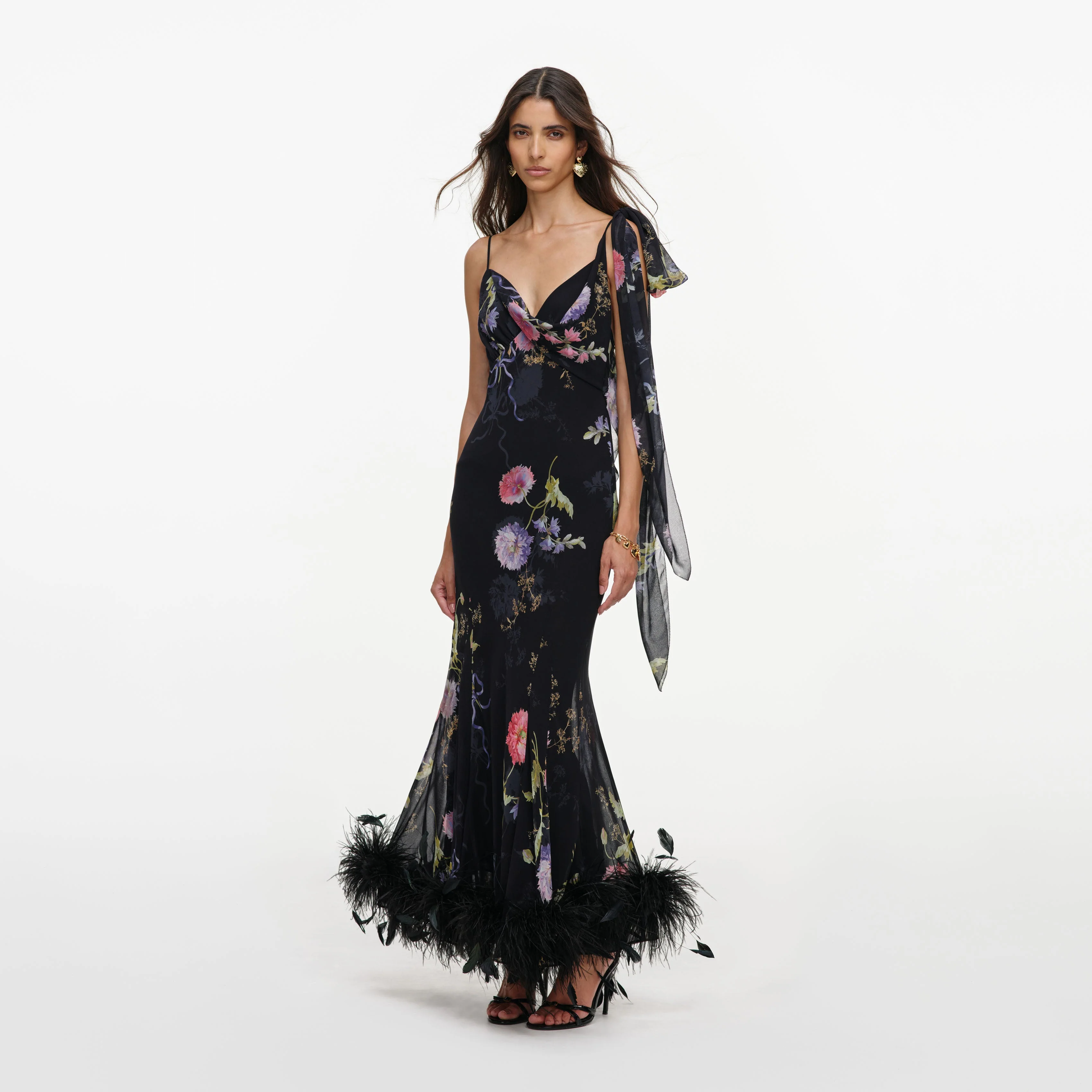 Black Floral Georgette Feather Maxi Dress
