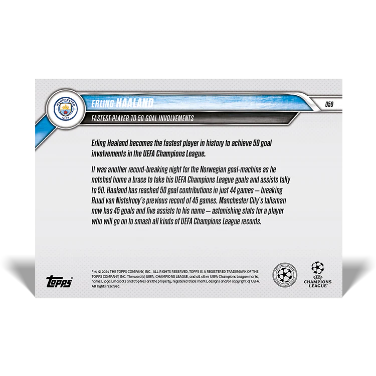 Erling Haaland - UEFA Champions League Record: Fastest player to 50 goal involvements - 24/25 UCC Topps NOW® Card 50