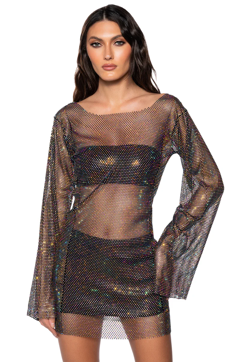 Retro Rhinestone Mesh Mini Dress