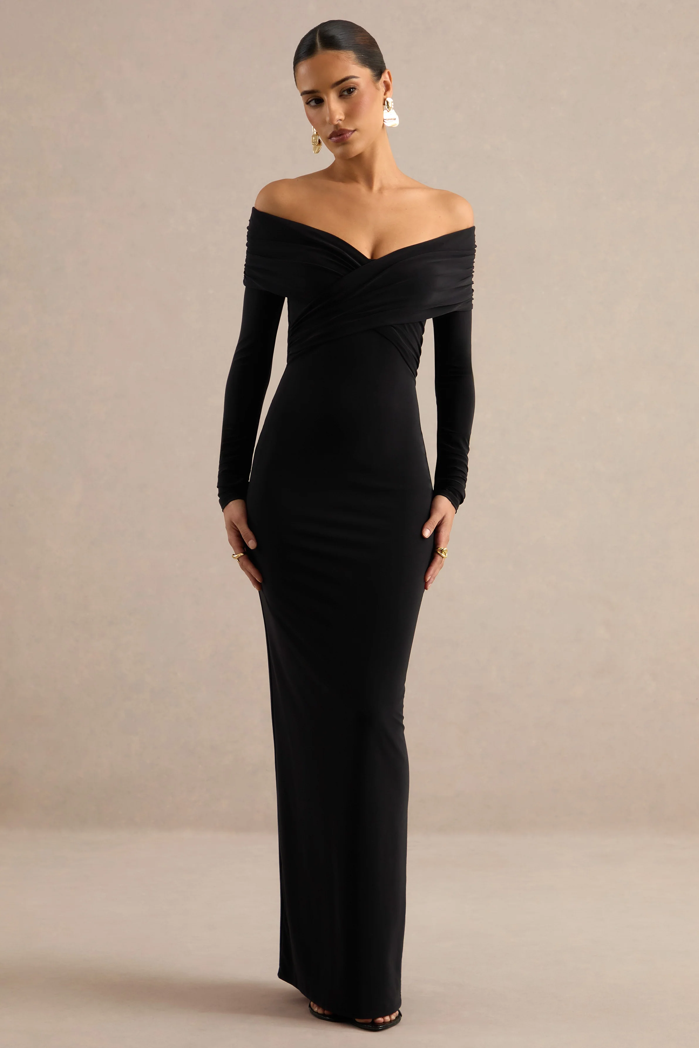 Kylara | Black Jersey Bardot Long Sleeve Maxi Dress With Ruching