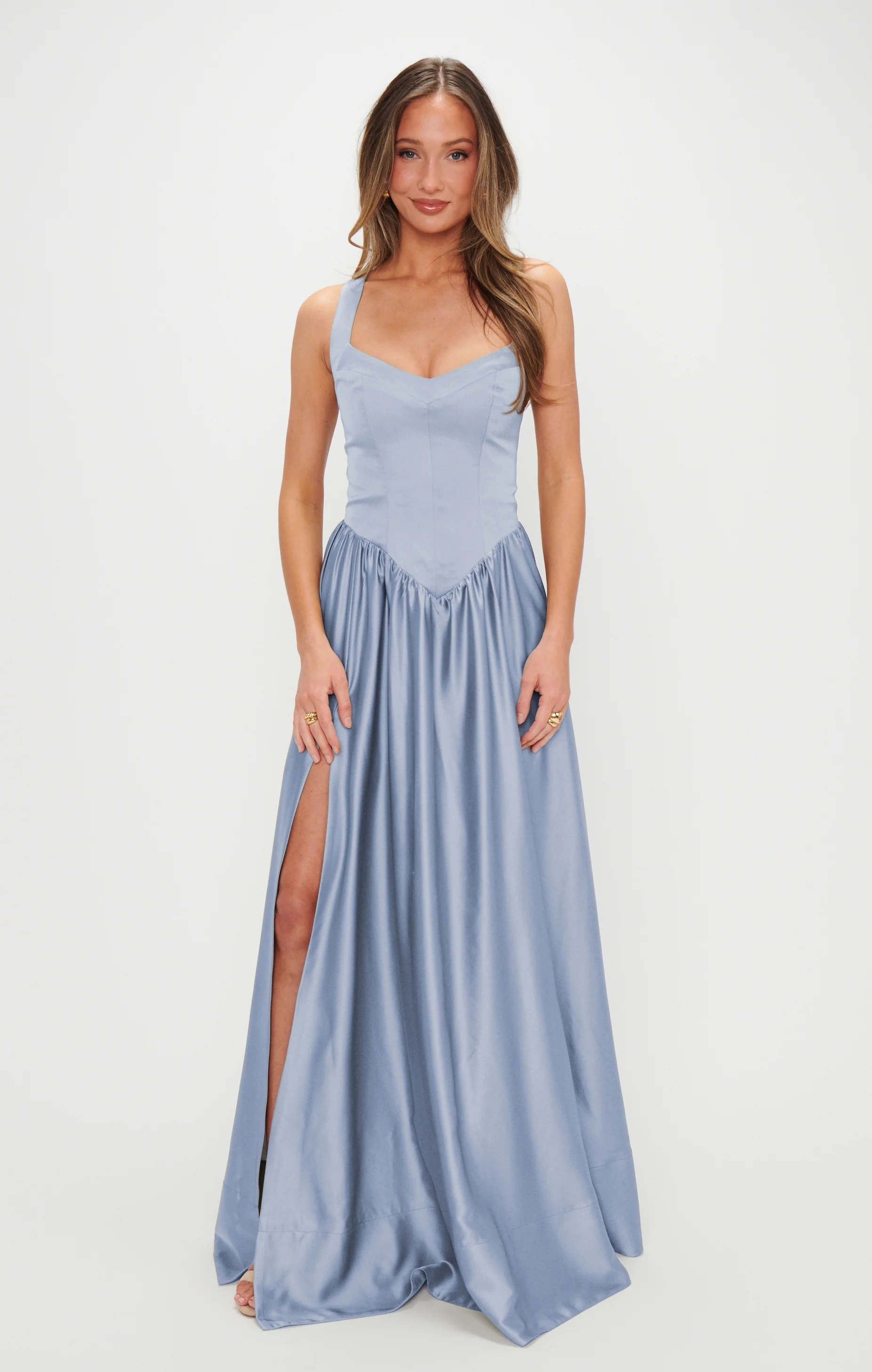 Abigail Maxi Dress ~ Steel Blue Luxe Satin