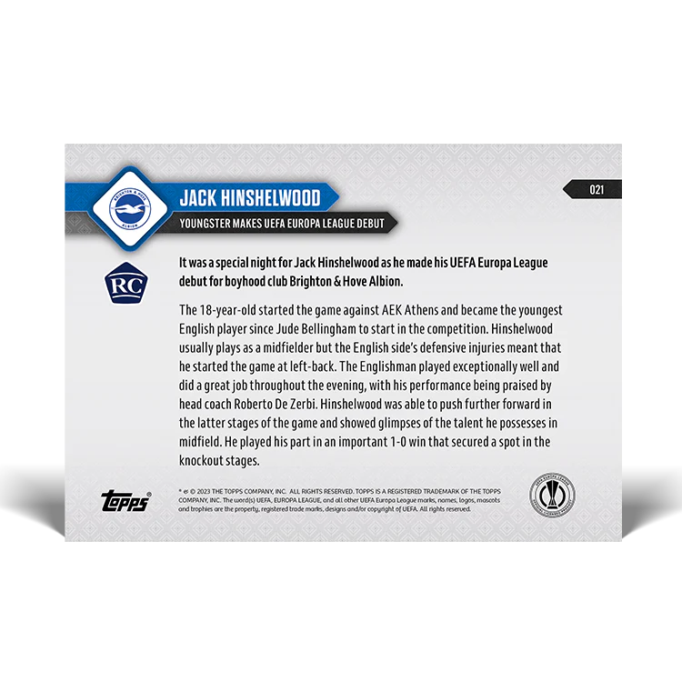 Topps UK - Jack Hinshelwood - Youngster makes UEFA Europa League debut - UEL TOPPS NOW® Card #21