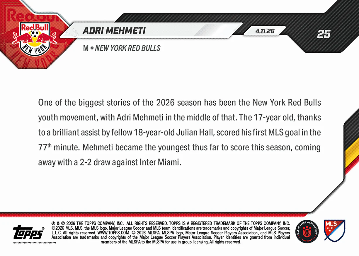 Adri Mehmeti - 2026 MLS Topps NOW® - Card 25 - PR: 1541