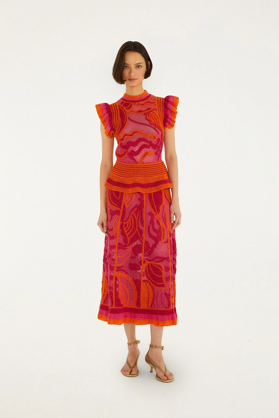 Pink And Orange Seashell Crochet Midi Skirt