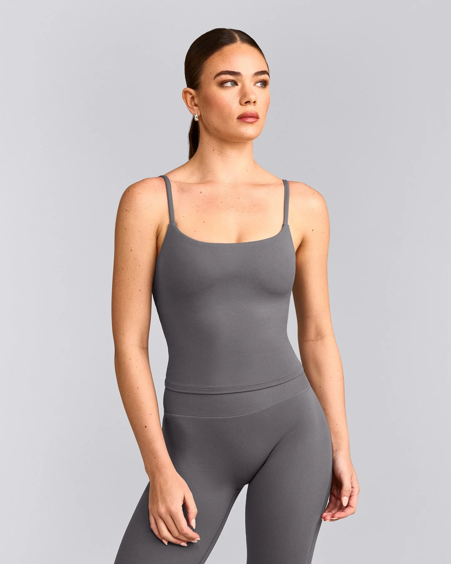 SoftMotion™ Strappy Mid Vest with Built in Bra Shelf with Grey Logo | Ash Grey