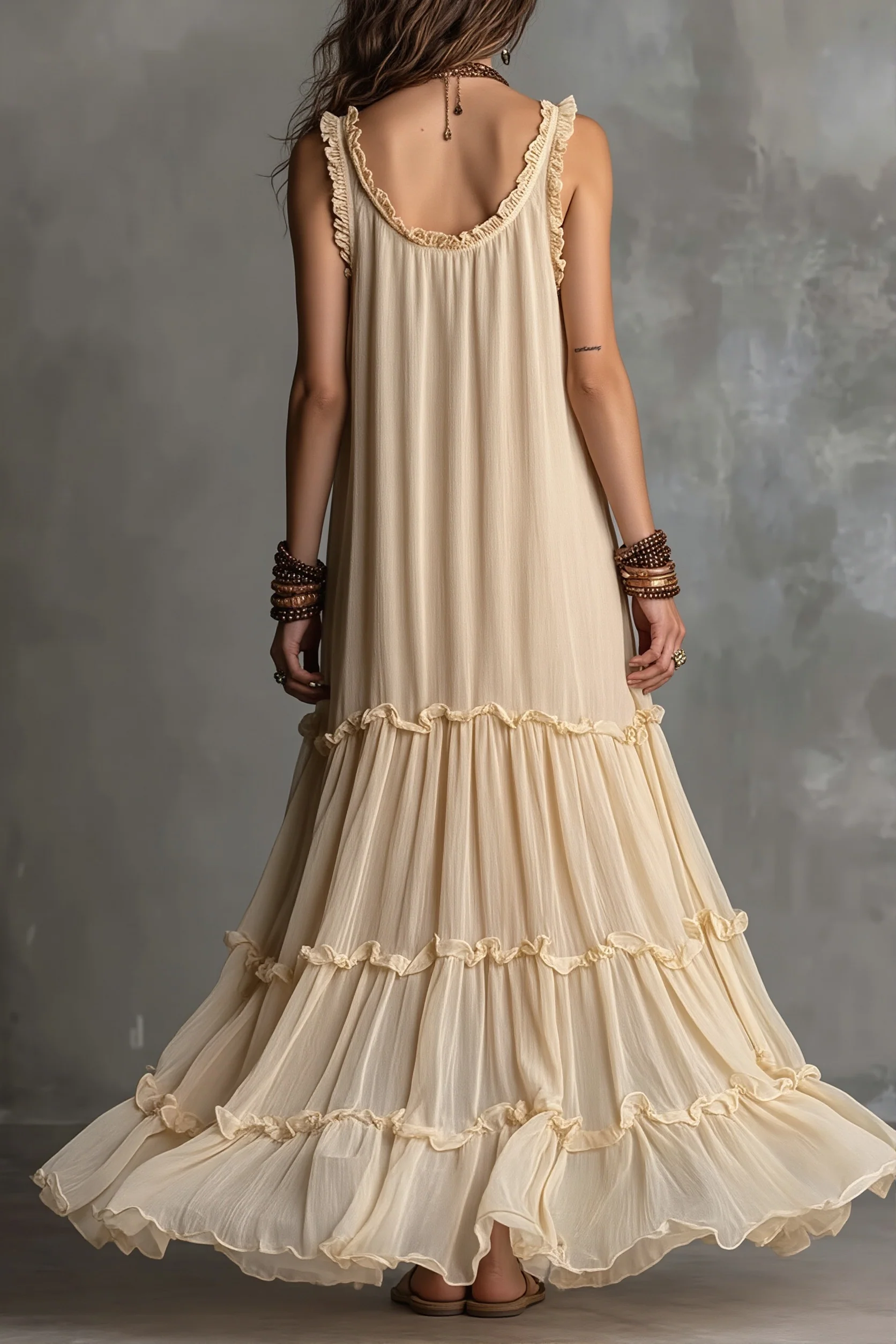 Solid Flowy Pleated Maxi Boho Dress