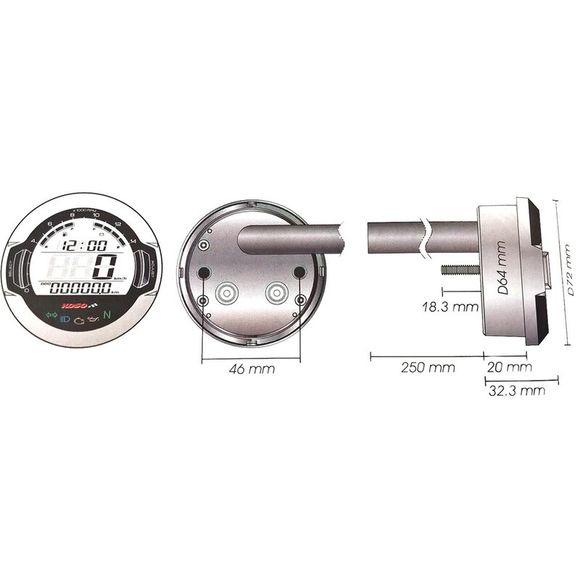 Indicateur de température Koso D64 DL - 03S Black Speedometer Tachometer Lights Display LCD UniverselRef : KOS00089A / 1056105