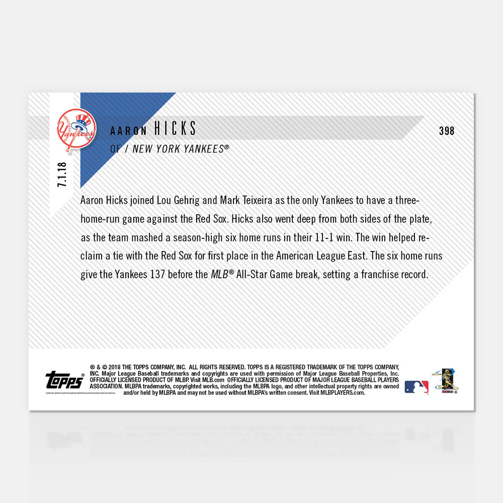 Aaron Hicks - 07/01/2018 TOPPS NOW® Card 398 - Print Run: 574