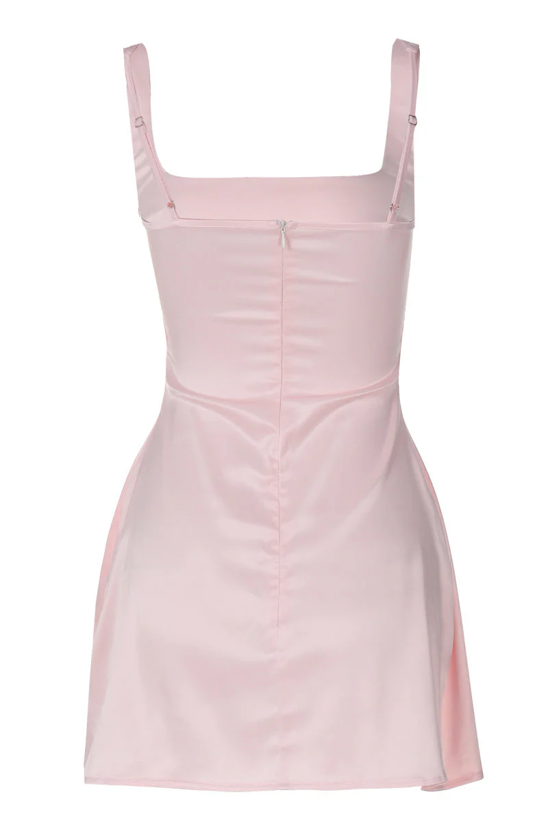 Square Neck Pink A-line Satin Short Dress