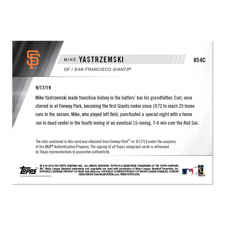 On-Card Auto Relic # to 5 - Mike Yastrzemski - MLB TOPPS NOW® Card 854C