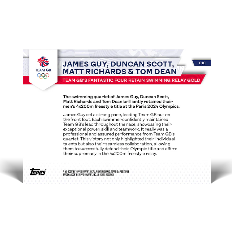 James Guy, Tom Dean, Matt Richards & Duncan Scott - Team GB's fantastic four retain swimming relay gold - 2024 Team GB TOPPS NOW® Card 10