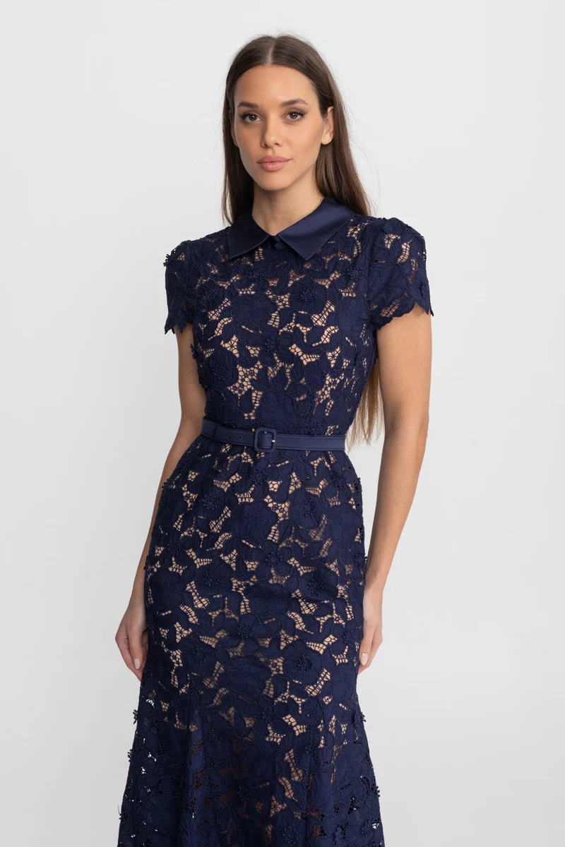 Lace Midi Dress with Belted Waist and Collared Neckline – Navy