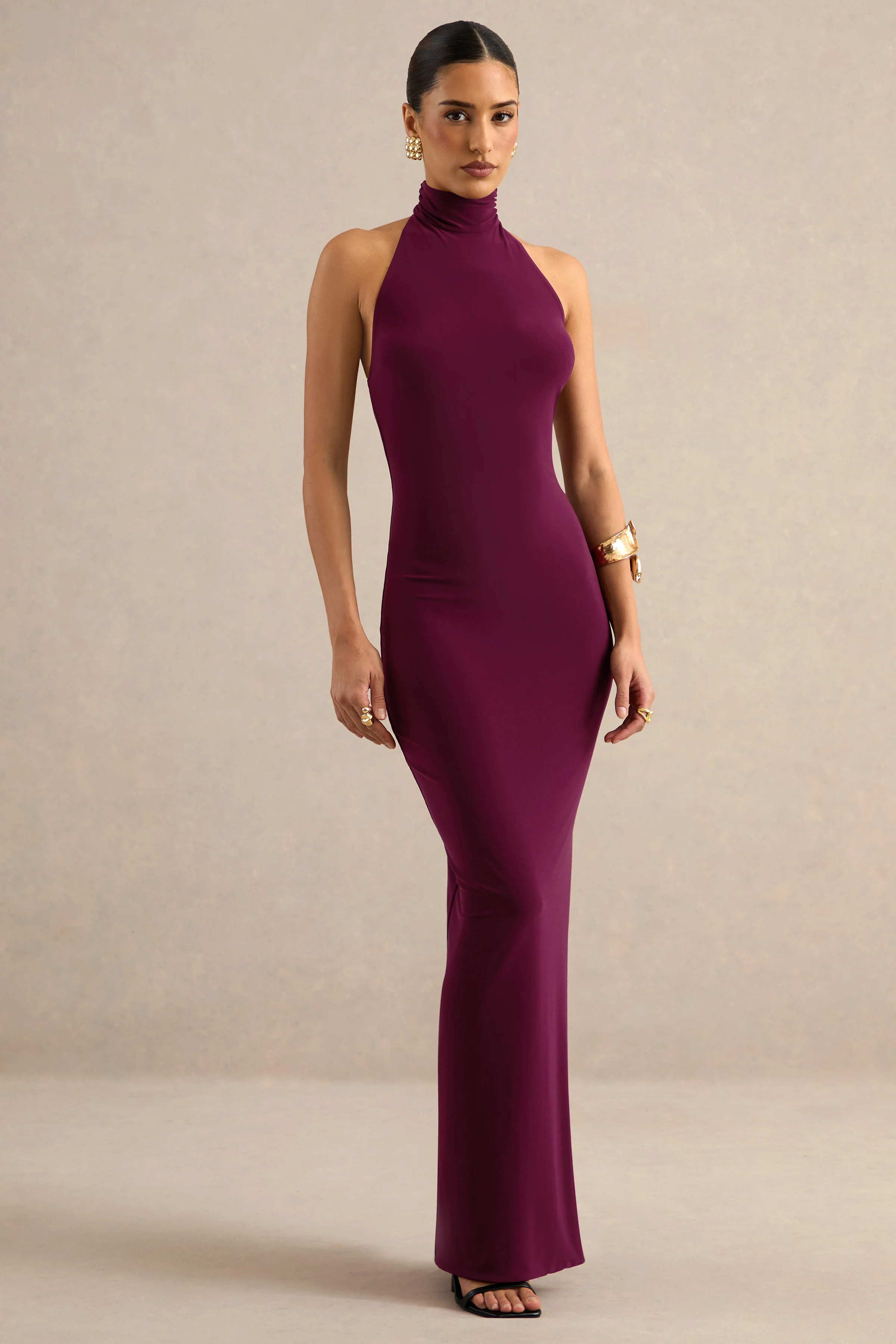 Arlise | Burgundy Jersey High Neck Maxi Dress With Open Back