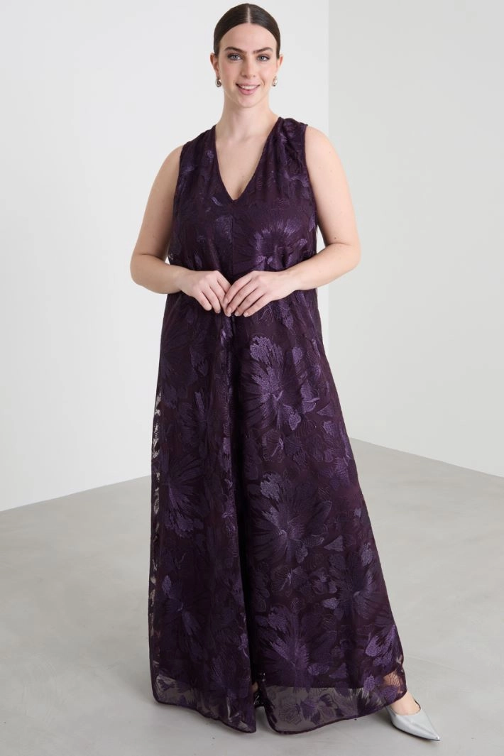 Long embroidered tulle dress - EGGPLANT