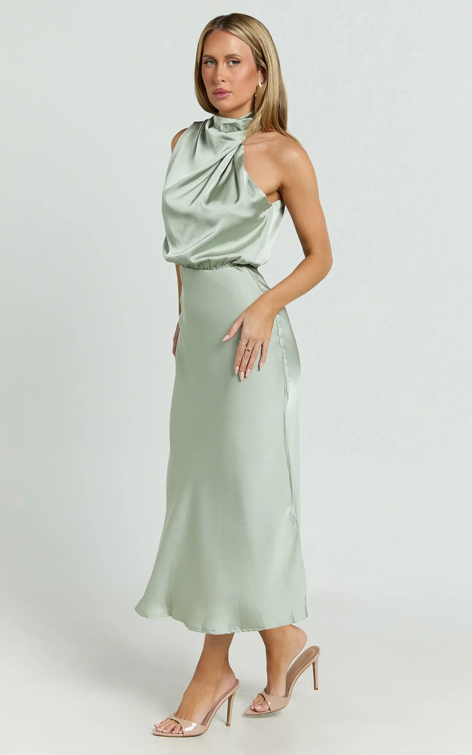 Minnie Midi Dress - Drape Neck Satin Slip Dress in Sage
