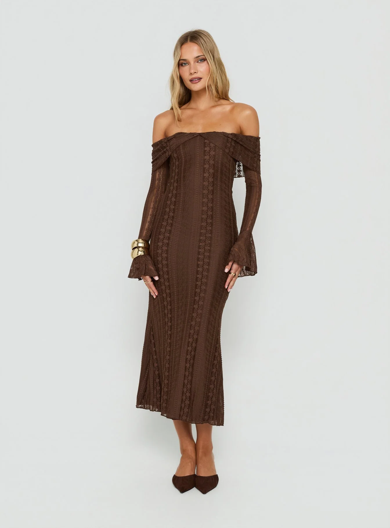 Perdita Long Sleeve Lace Maxi Dress Dark Brown
