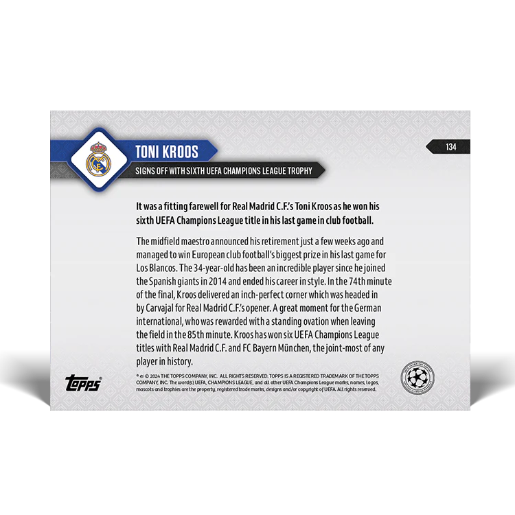 Toni Kroos - Signs off with sixth UEFA Champions League trophy - 23/24 UCL TOPPS NOW® Card 134