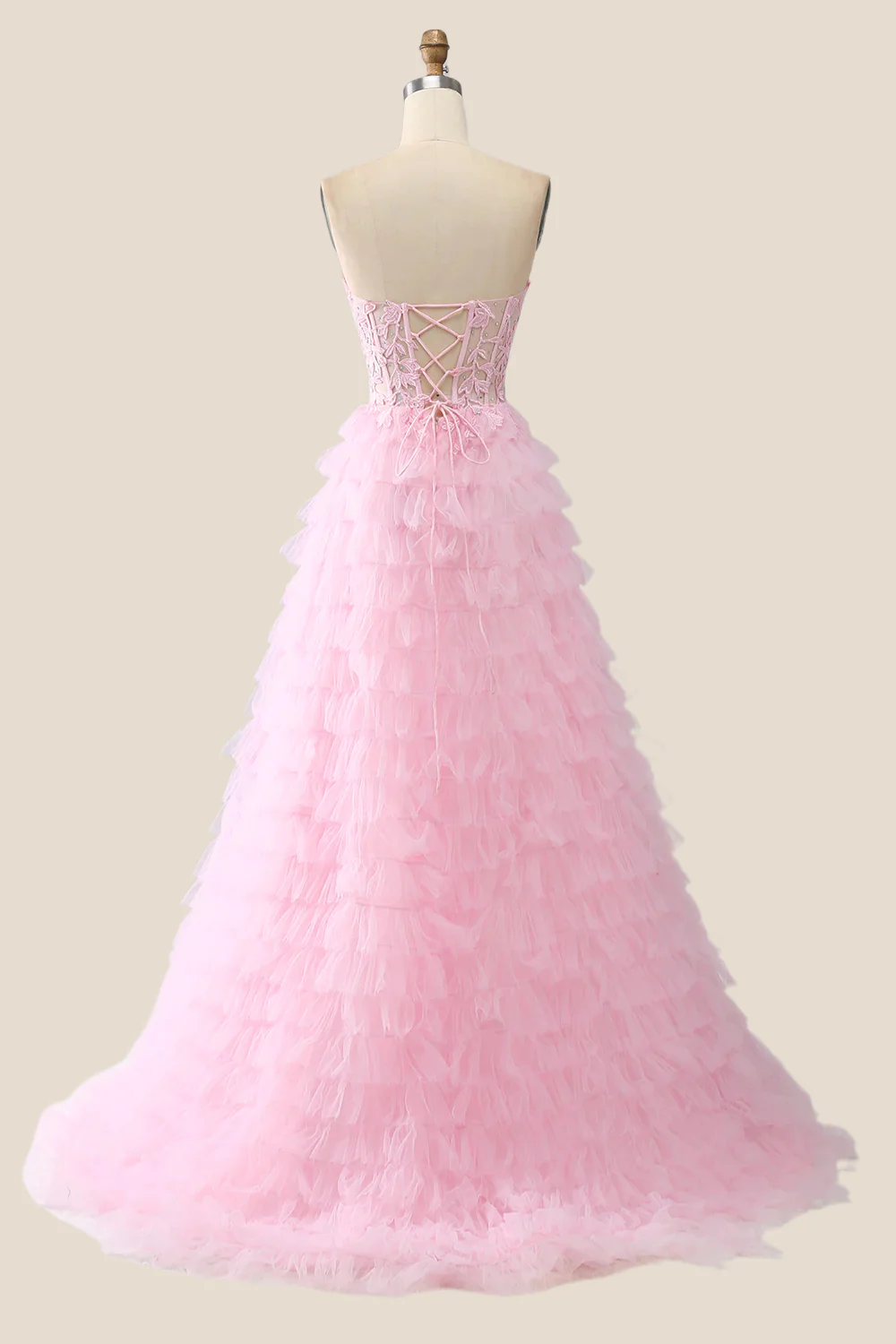 Pink Sweetheart Lace and Tulle Tiered Gown
