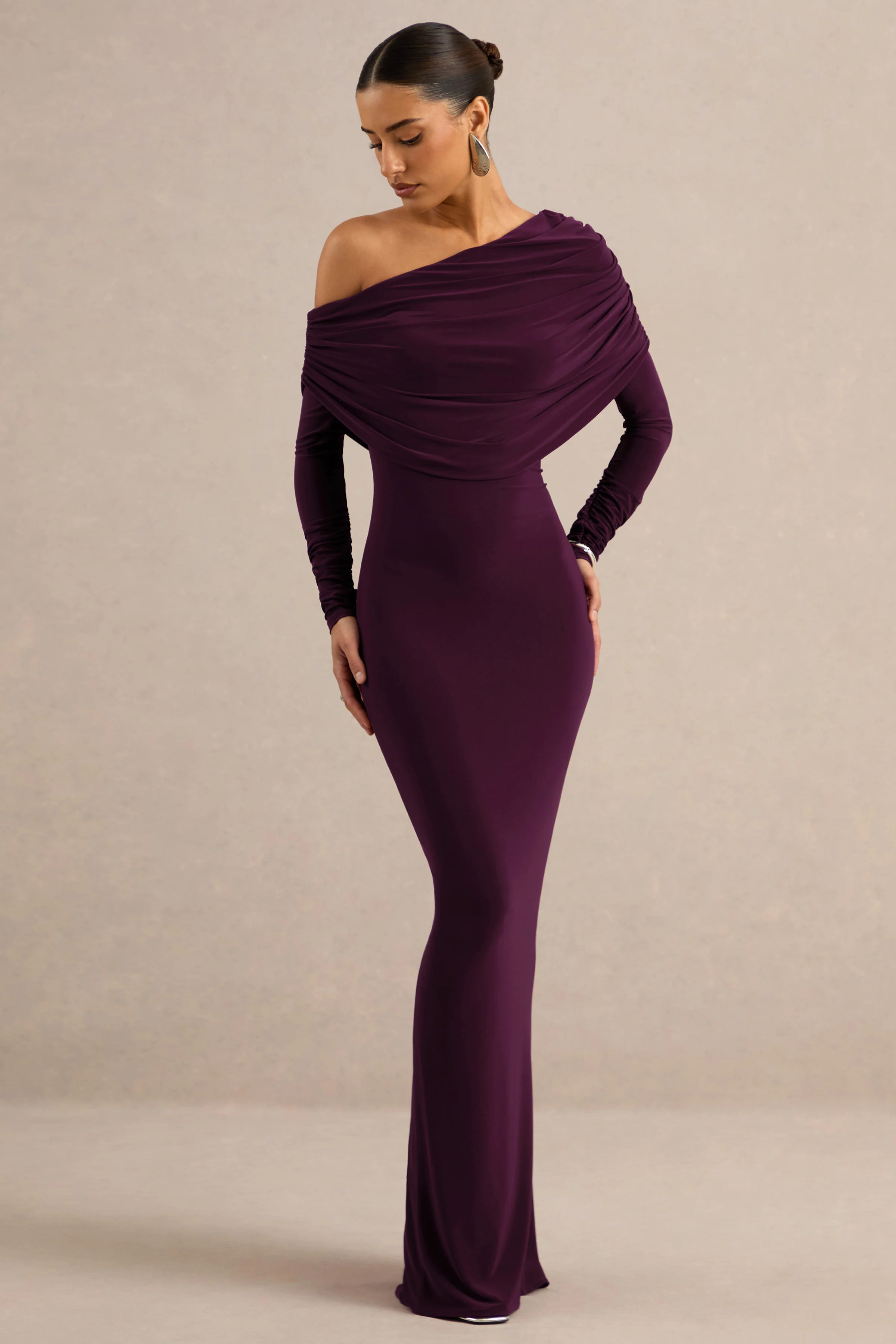 Cadia | Purple Jersey One Shoulder Long Sleeve Maxi Dress With Ruching