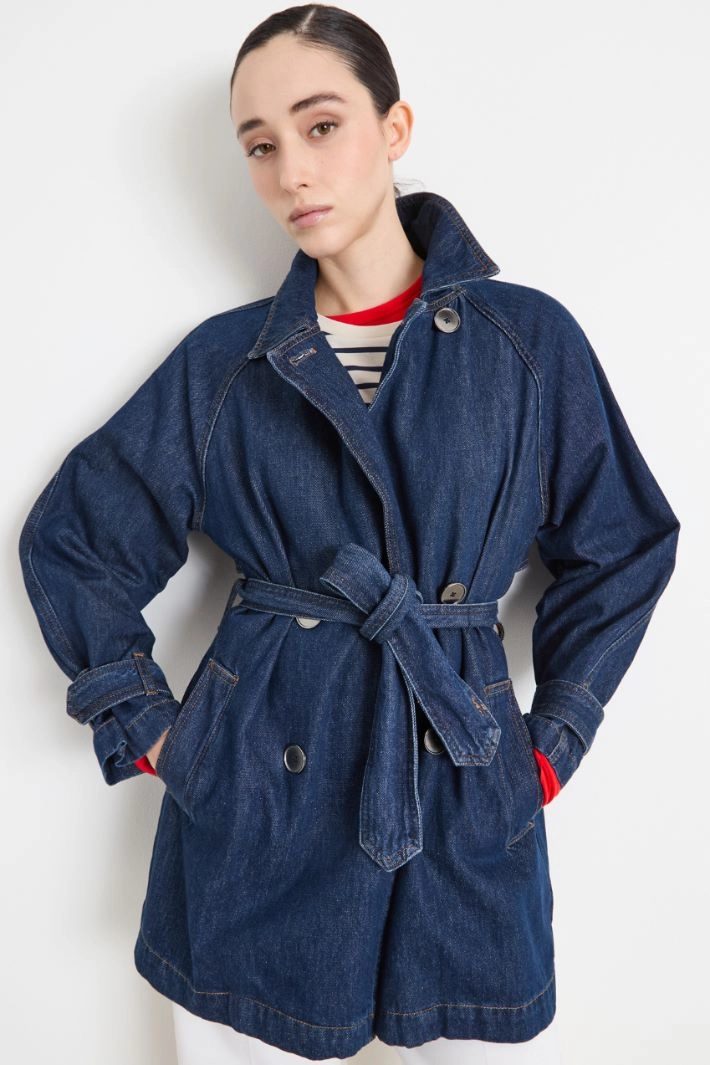 Double-breasted denim trench coat - BLUE