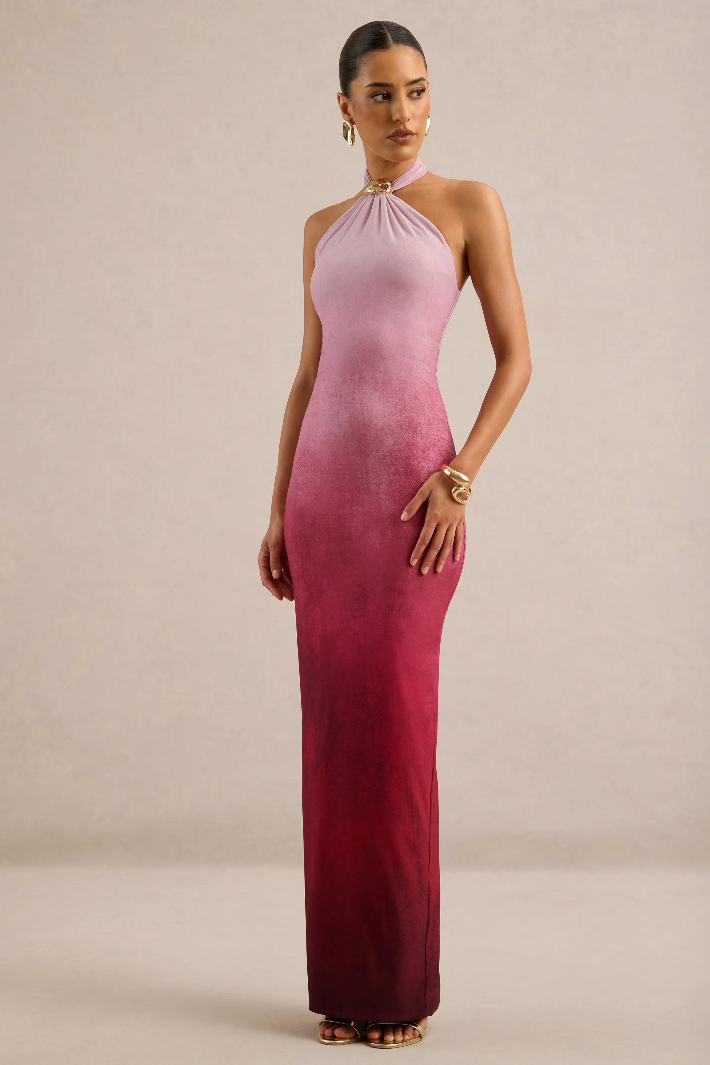 Thera | Berry Ombre Print Jersey Halter Maxi Dress With Gold Trim Detailing And Back Split