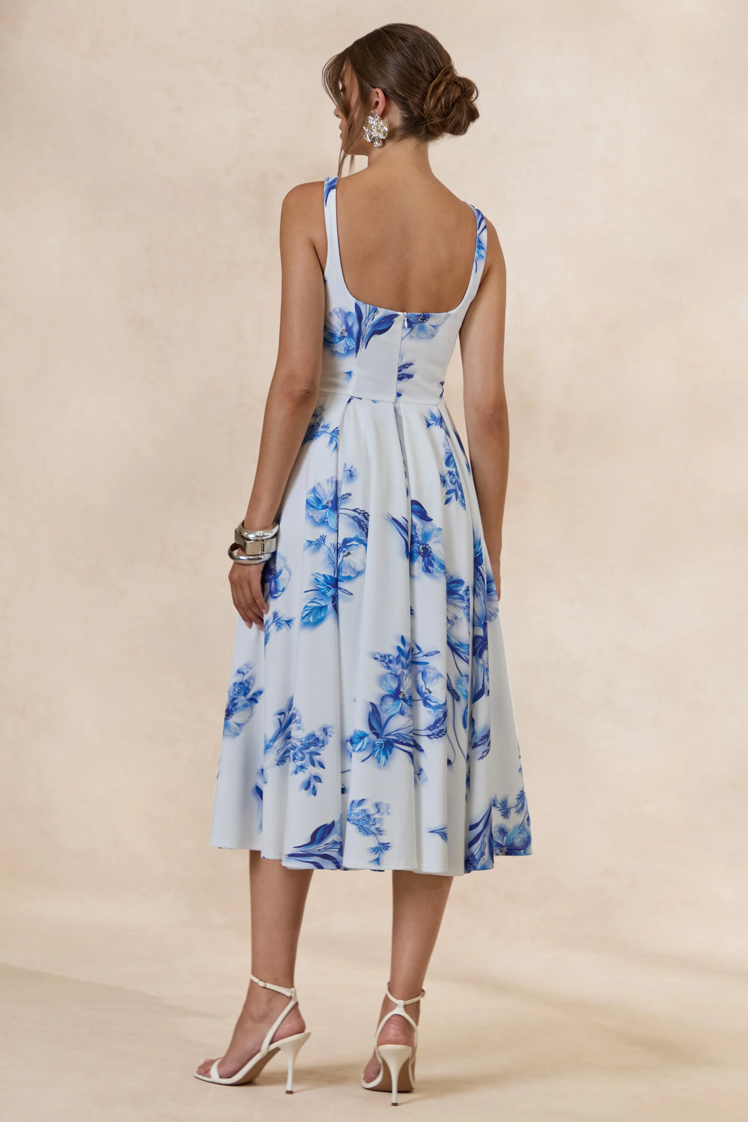 Lissa | Blue Floral Print Square-Neck Midi Dress
