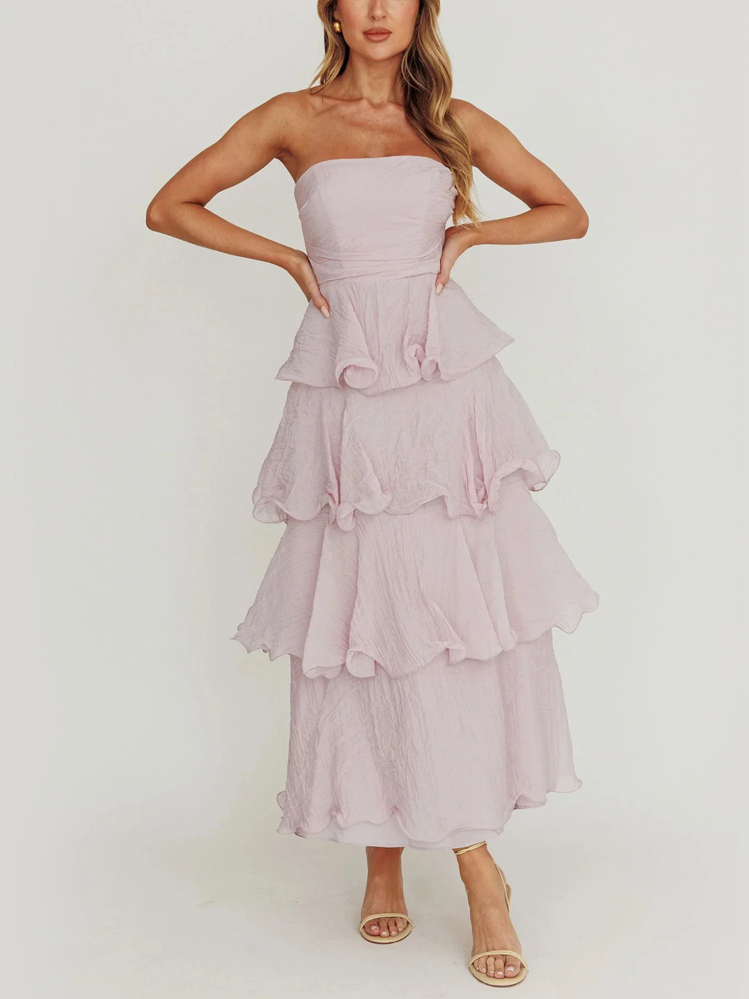 Light Purple Strapless Tiered Midi Dress