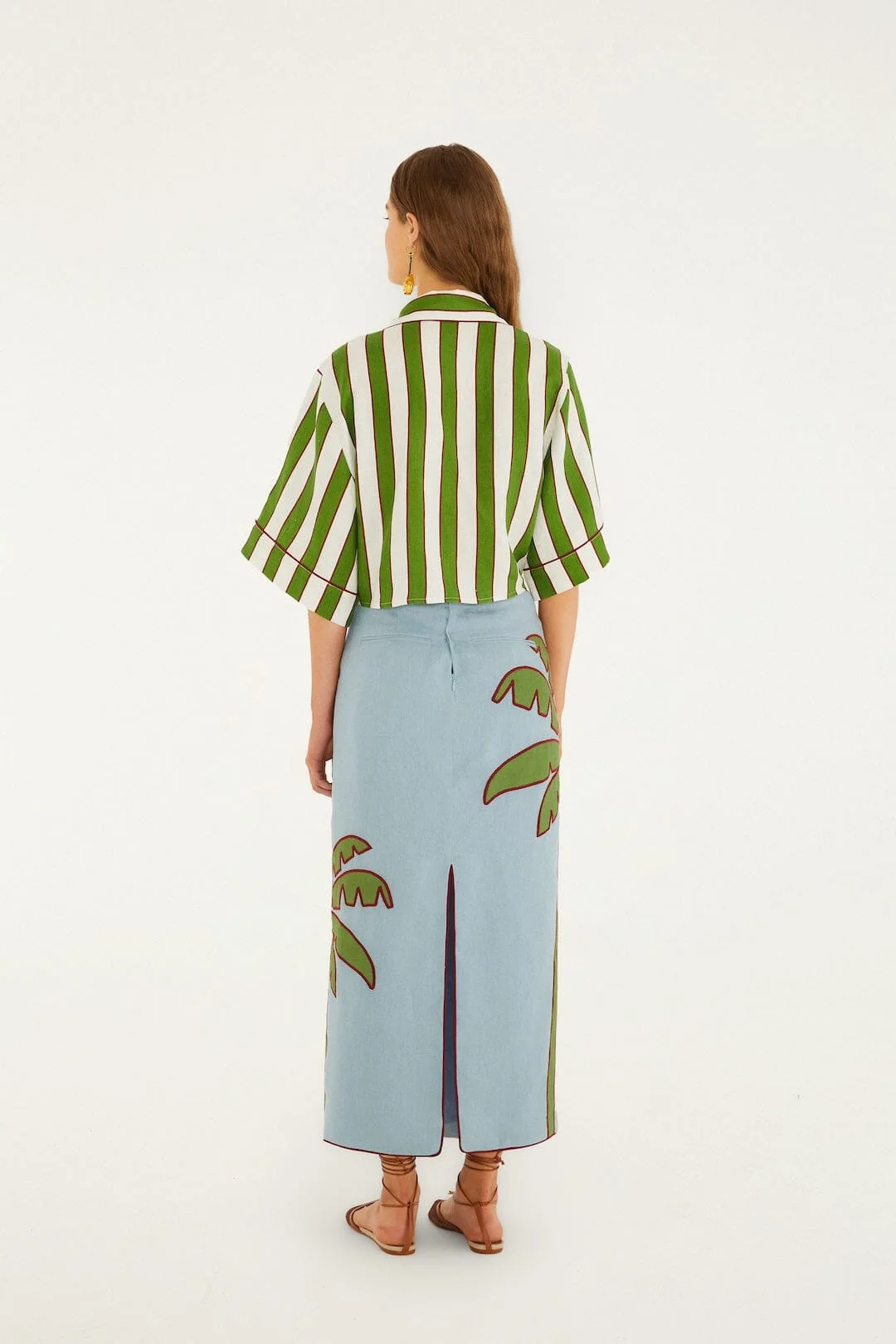 Blue Embroidered Palm Tree Maxi Skirt