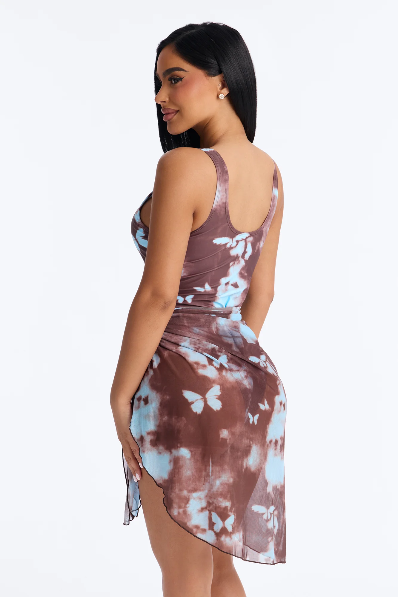 Monarch Wave Stretch 1 Piece Butterfly Tie Dye Front Cut Out Swimsuit With Sarong - Brown/combo