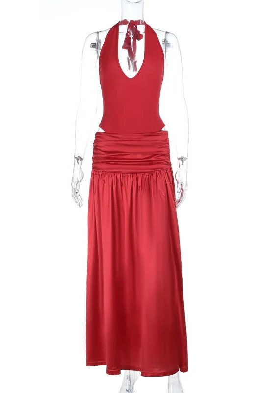 Halter Red Cutouts Long Maxi Dress