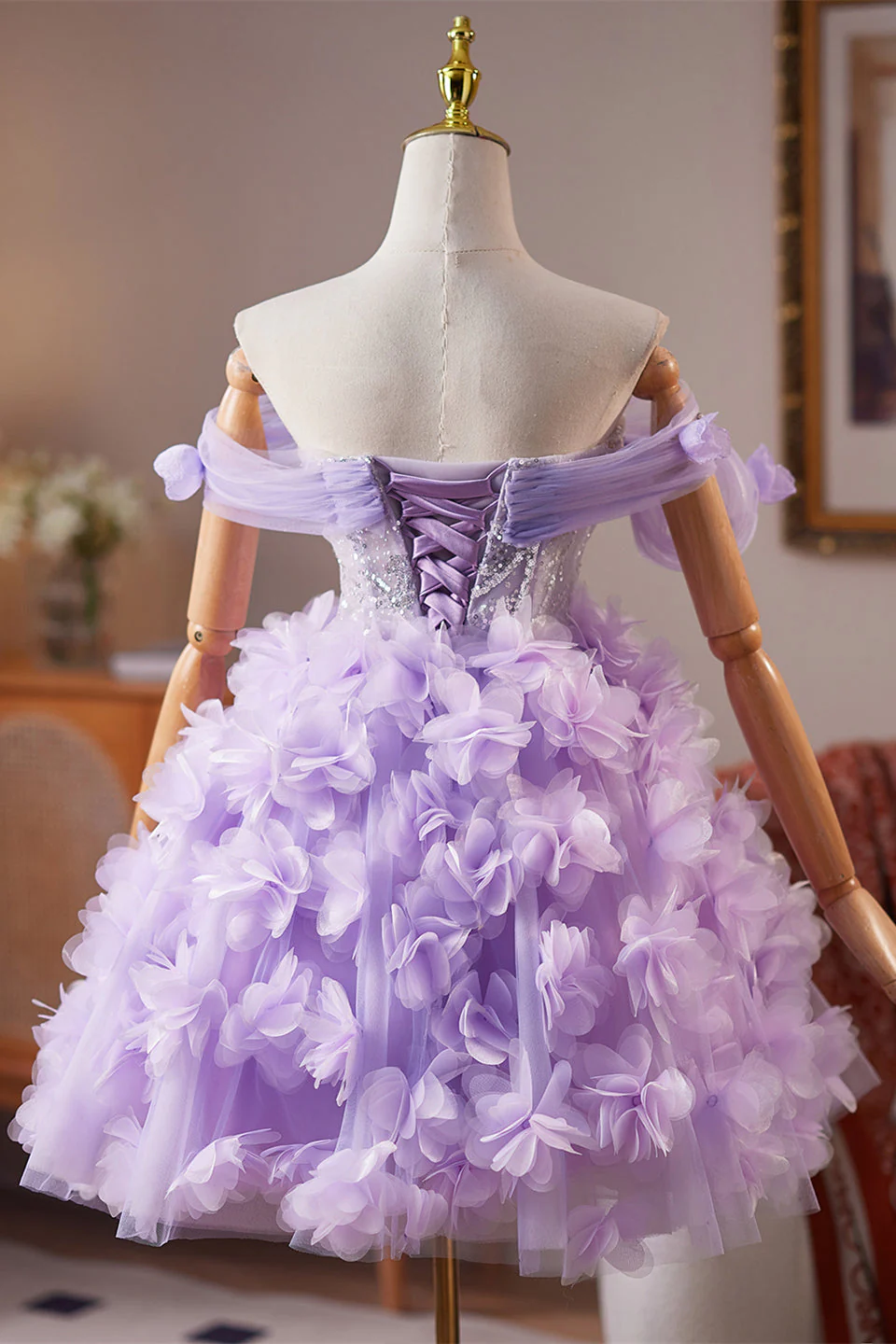 Off the Shoulder Lilac Floral Short Dress with Sequin