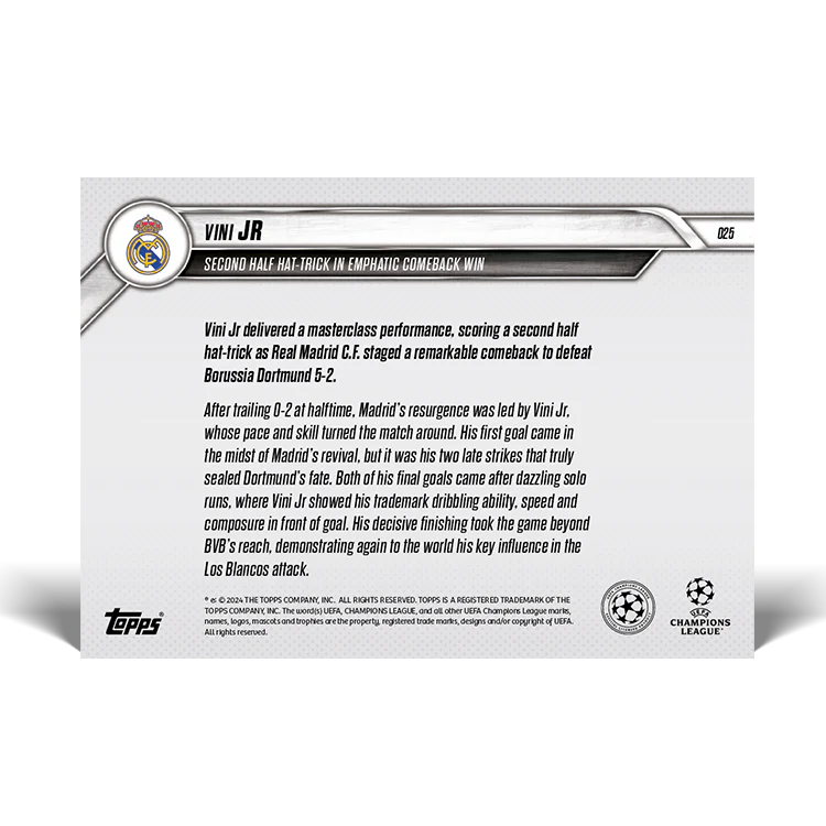 Vini Jr - Second half hat-trick in emphatic comeback win - 24/25 UCC Topps NOW® Card 25