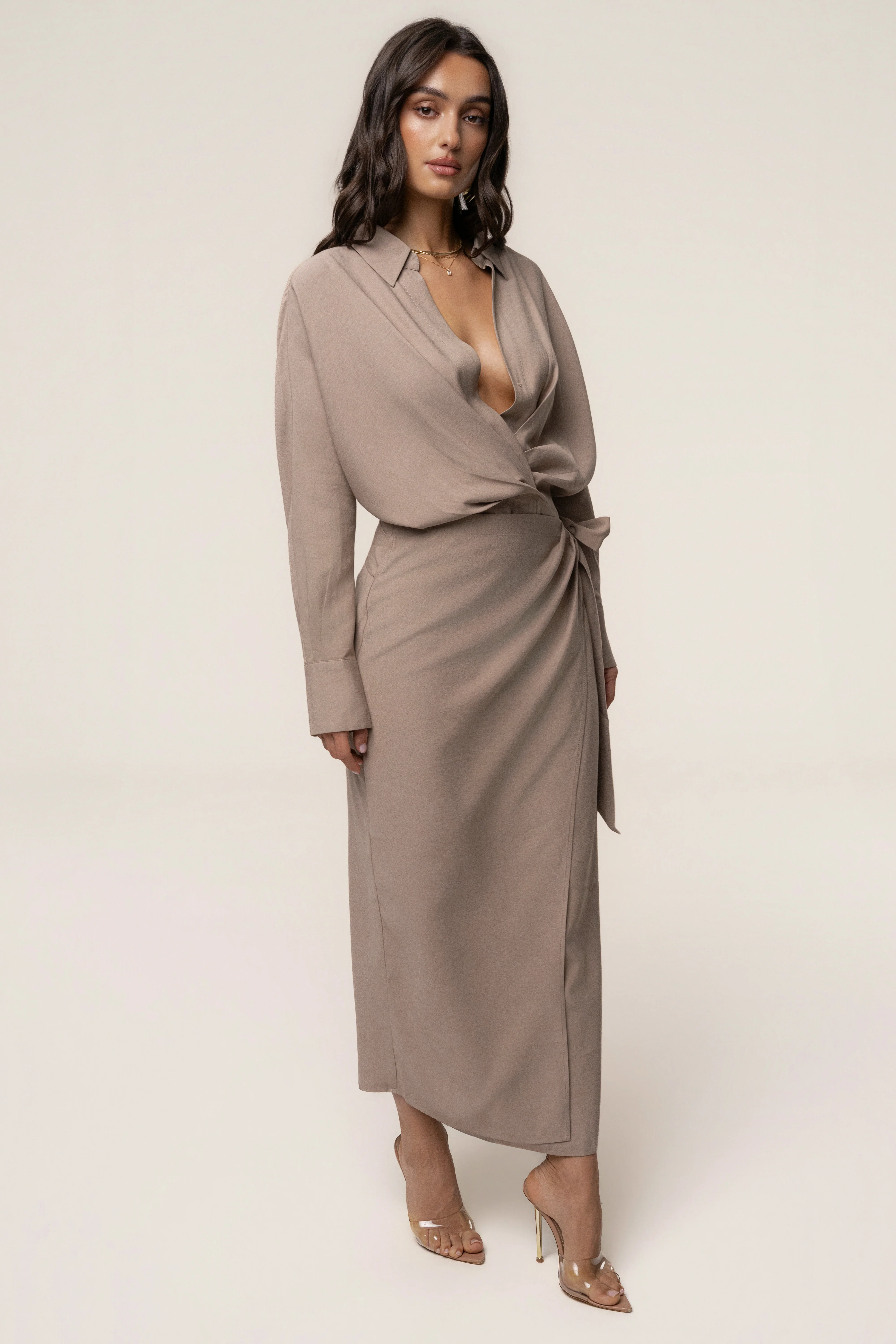 Beige Skyline Wrap Midi Dress