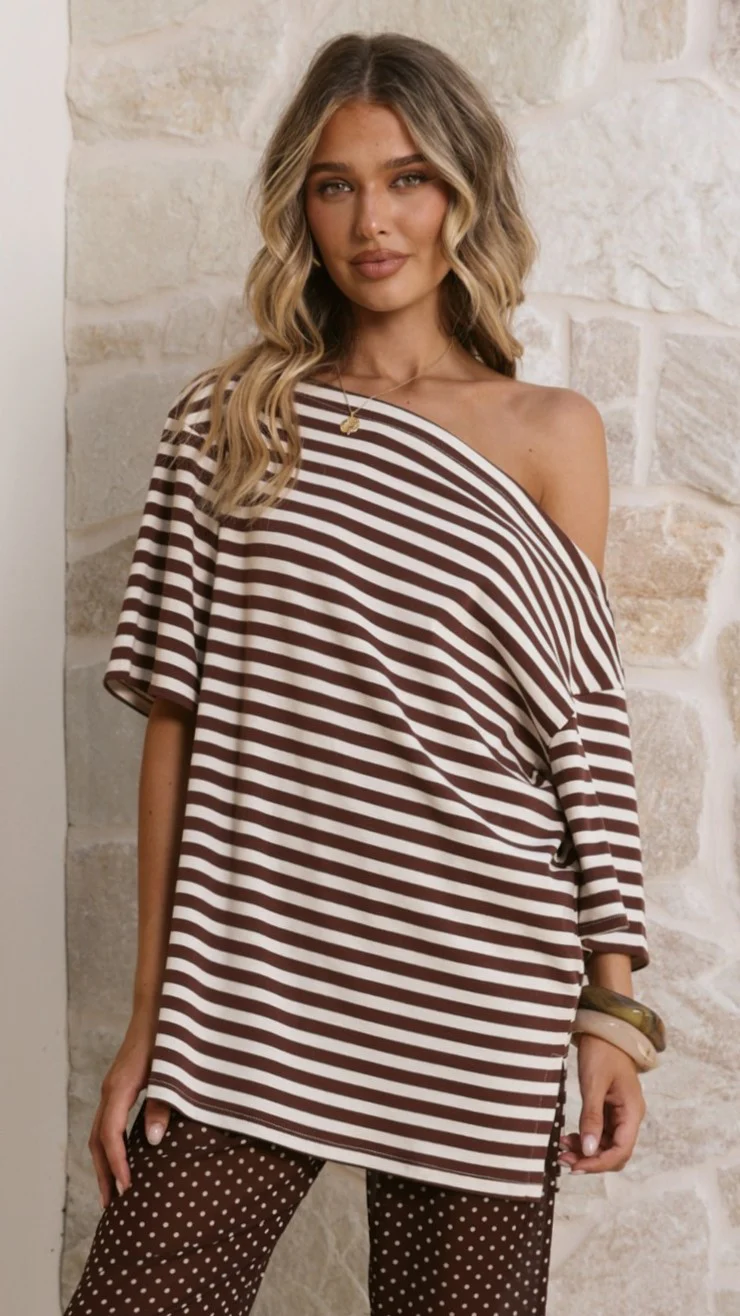 Pia One Shoulder Oversize Tee - Choc/White Stripe