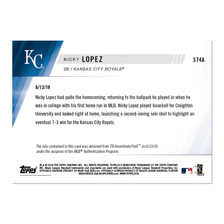 Game-Used Ball Relic # to 10 - Nicky Lopez - MLB TOPPS NOW® Card 374A
