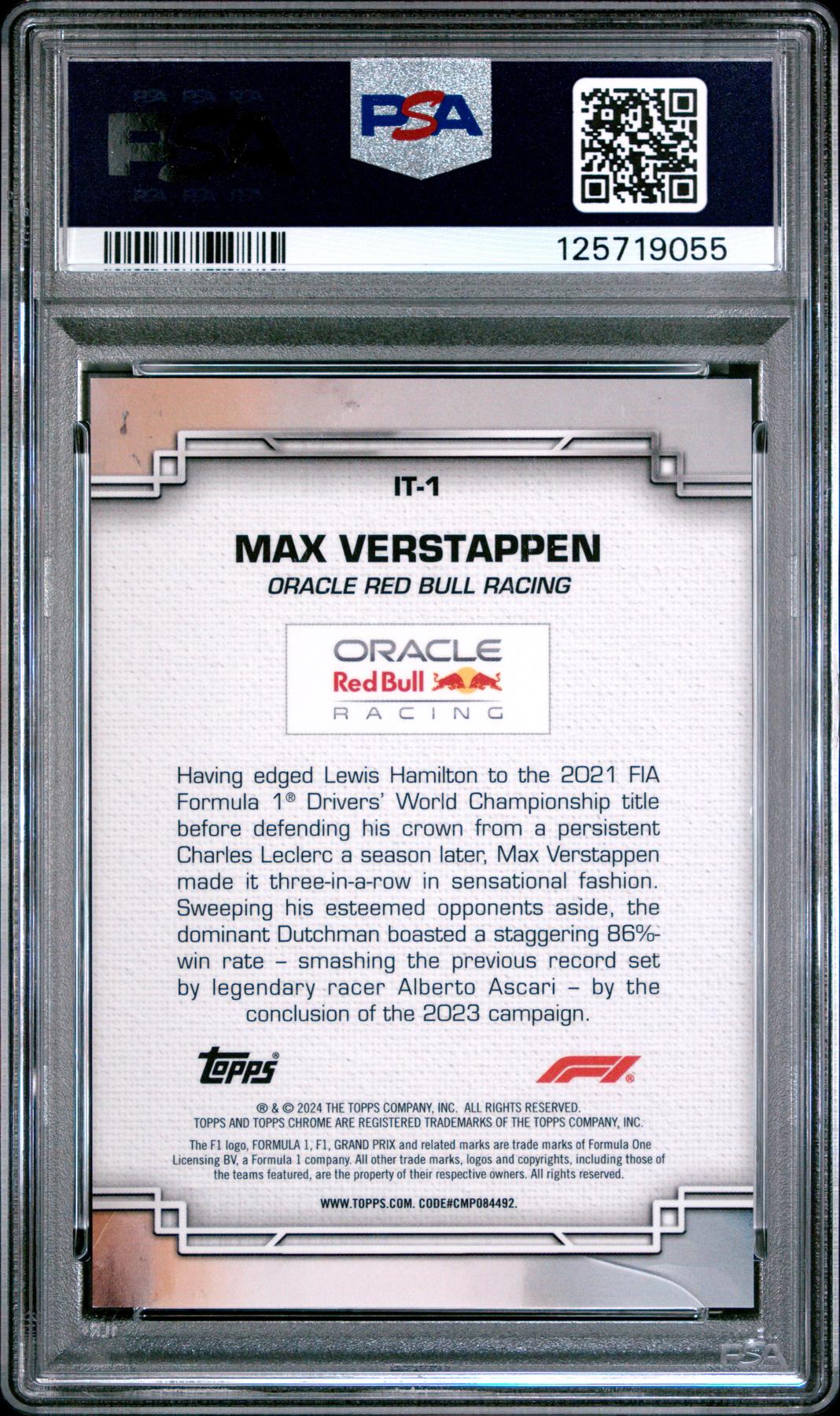 2024 TOPPS CHROME FORMULA 1 INSIDE TRAX IT1 MAX VERSTAPPEN PSA 10 125719055