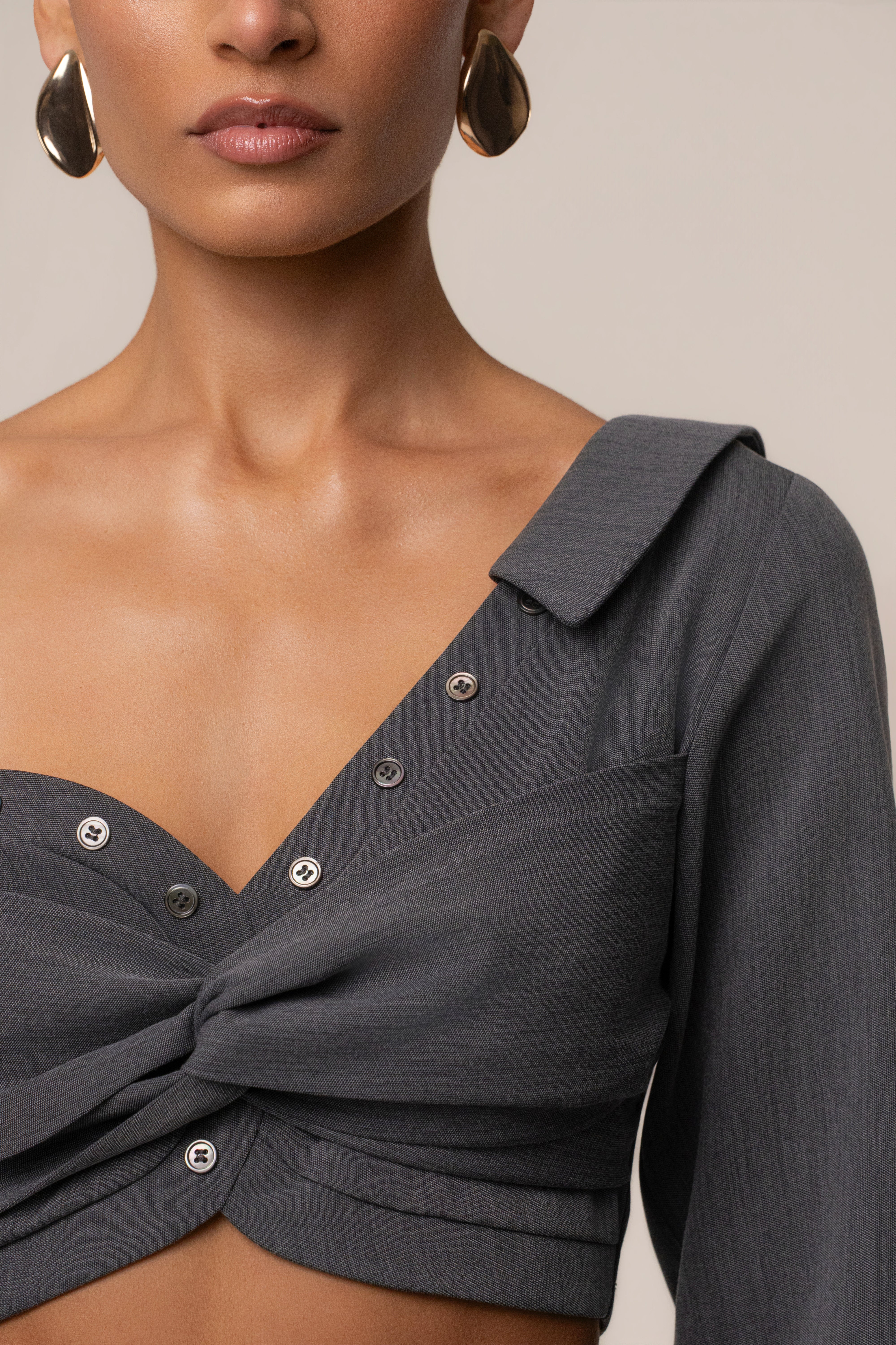 Grey Off-Shoulder Twist Crop Top