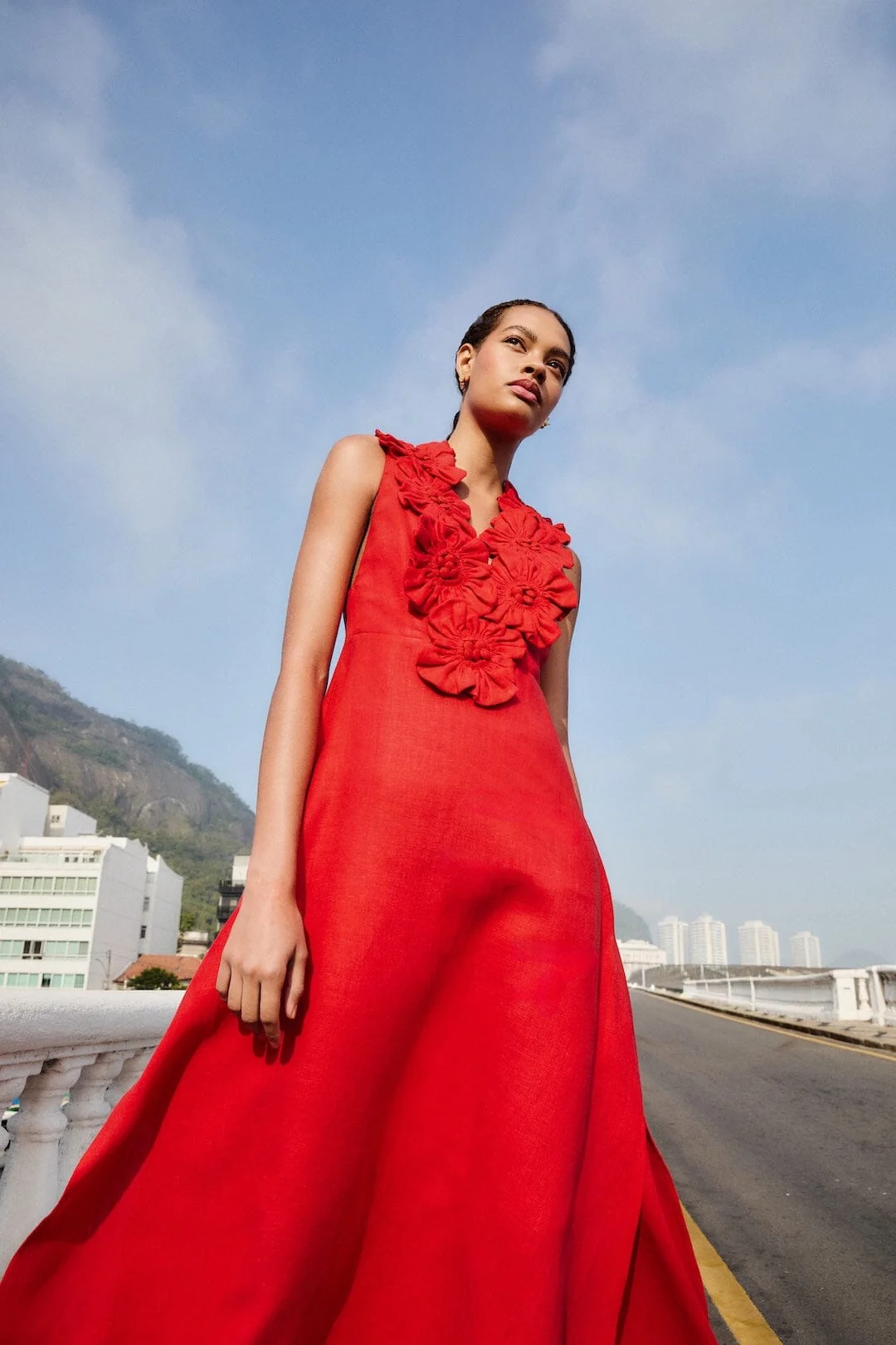 Red 3d Flower Euroflax  Maxi Dress