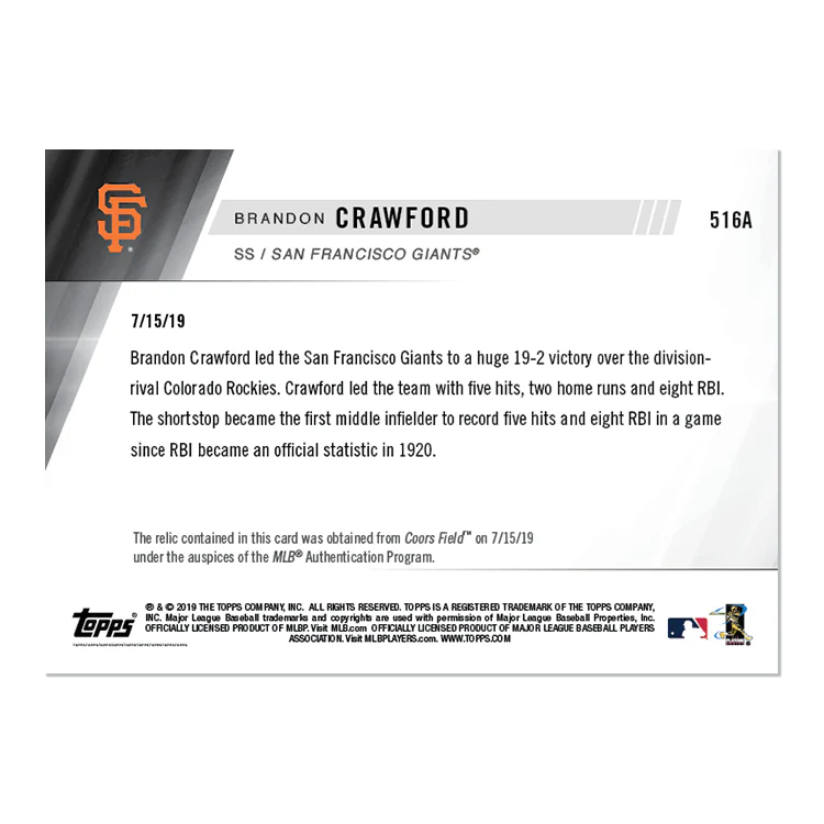 Game-Worn Jersey Relic # to 99 - Brandon Crawford - MLB TOPPS NOW® Card 516A