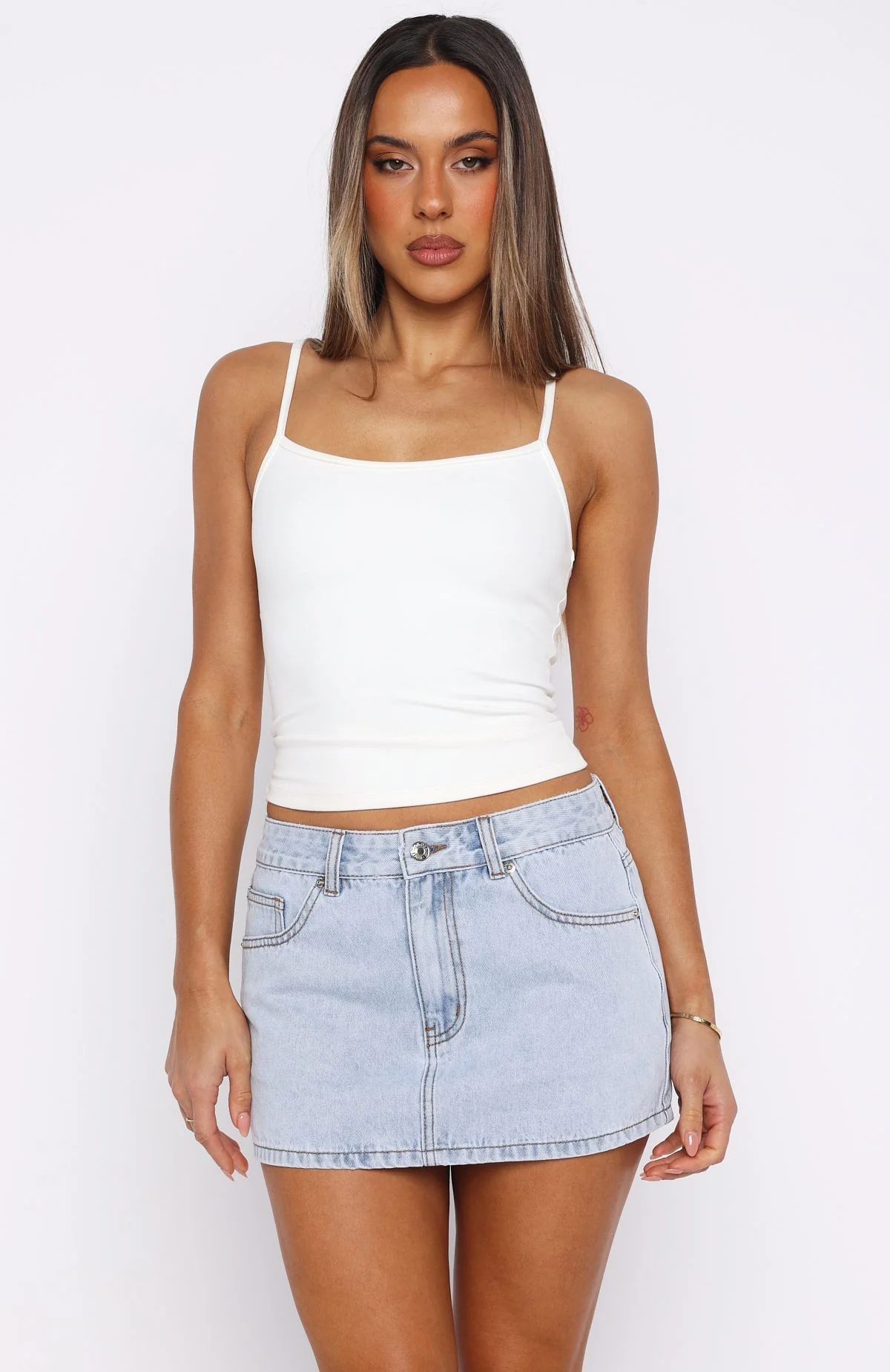 About A Girl Mid Rise Denim Mini Skirt Mid Blue Wash