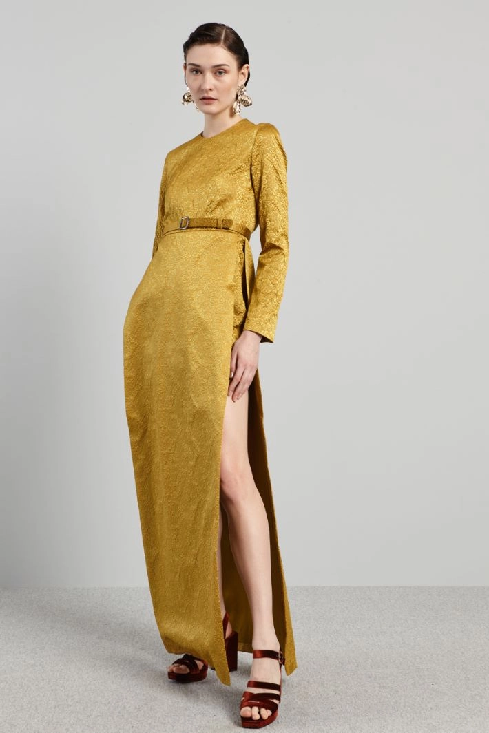 Long jacquard dress with panels - MUSTARD